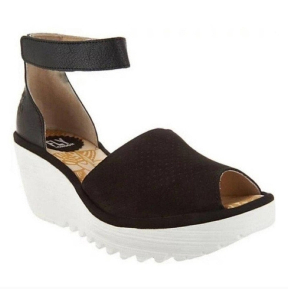 Fly London Yake Perforated Wedge Sandals Black White Women's 39 8-8.5